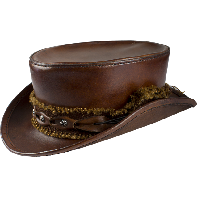 a brown leather hat with fur trim