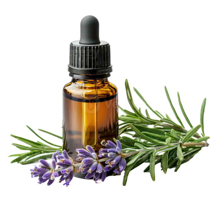 a bottle of lavender essential oil next to some lavender flowers