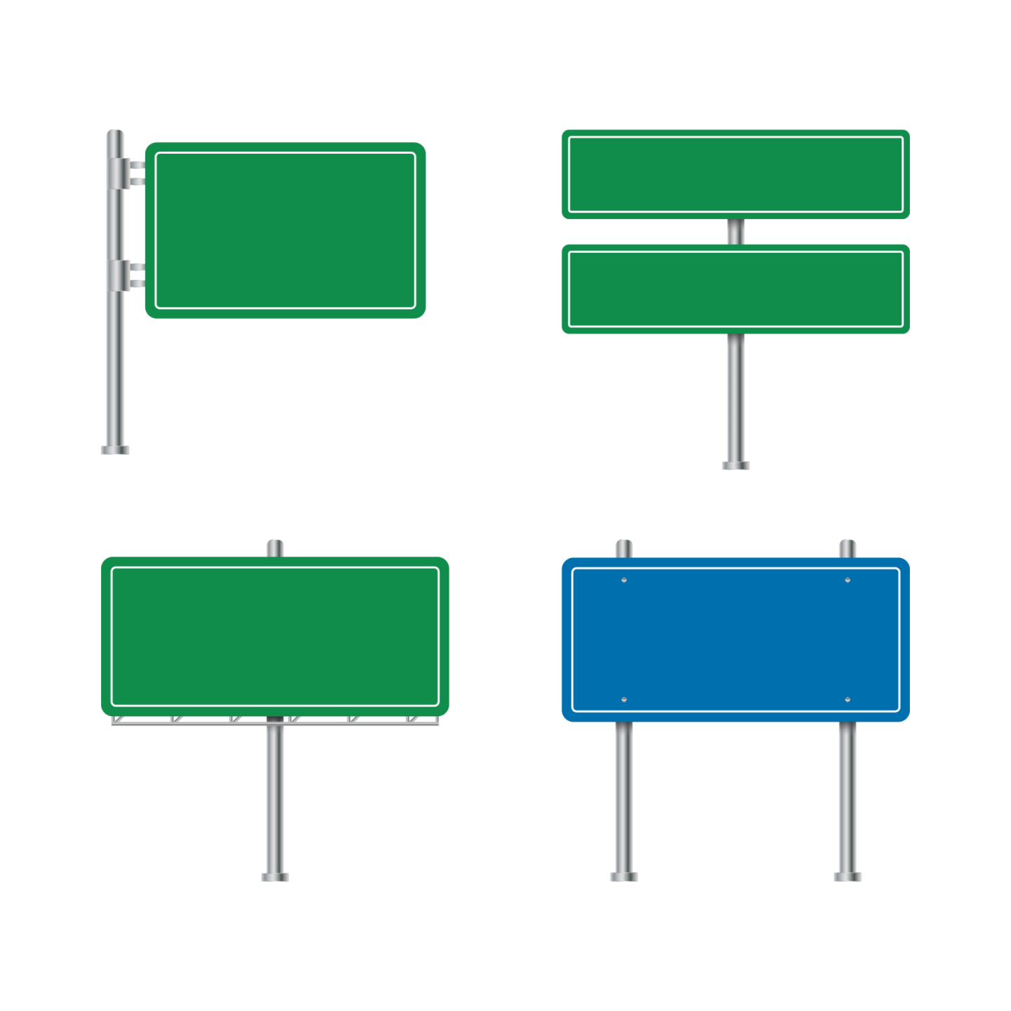 four green and blue street signs on a pole