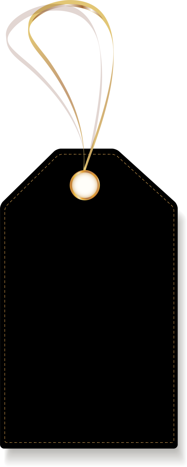 a black price tag with a gold ribbon