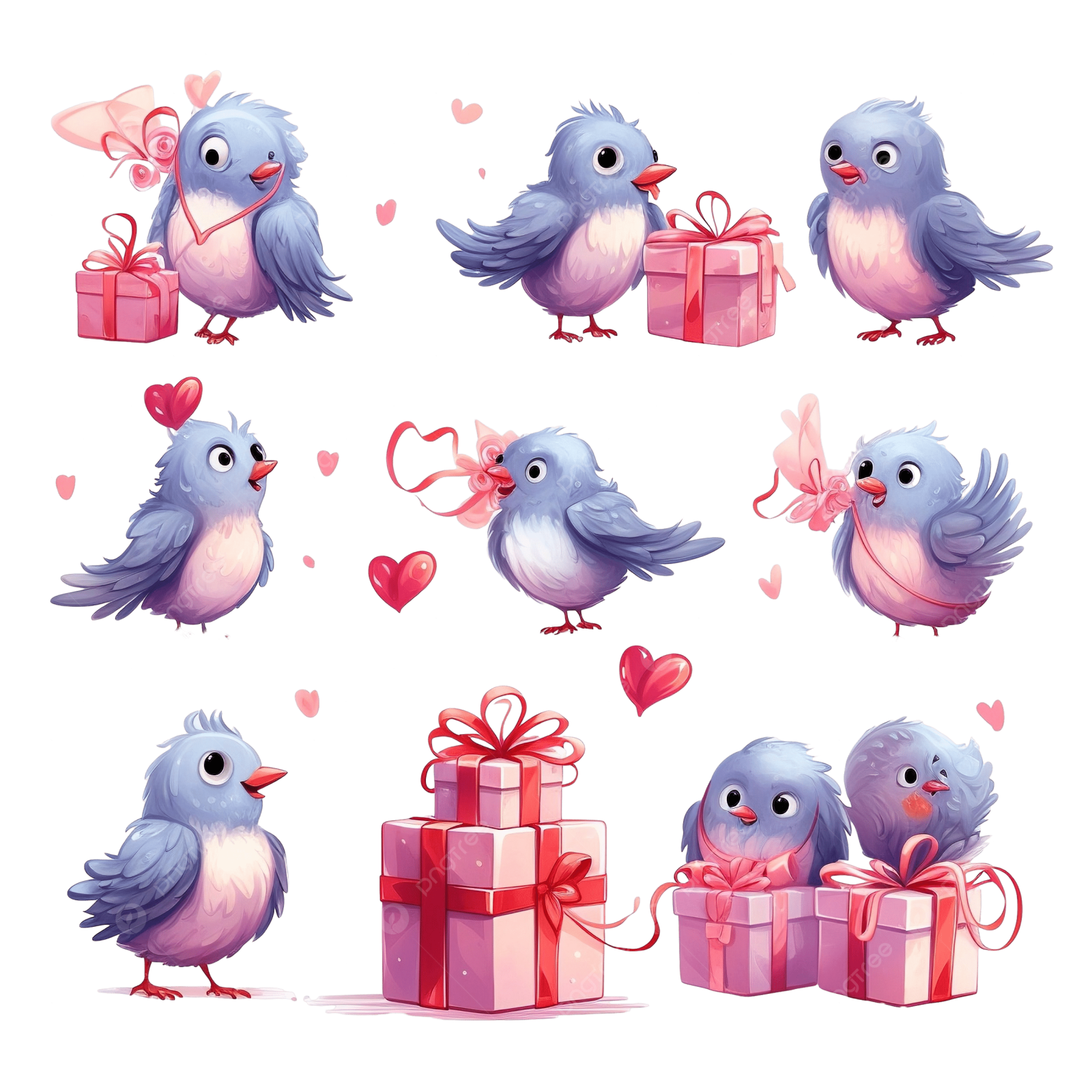 a set of cute birds with gift boxes