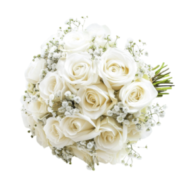 a bouquet of white roses and baby's breath