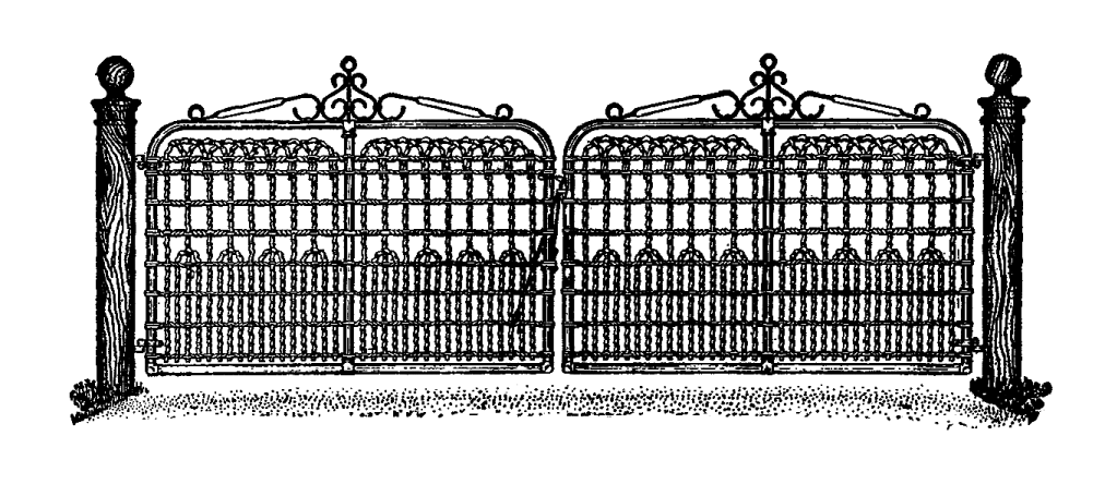 a black and white drawing of an iron gate