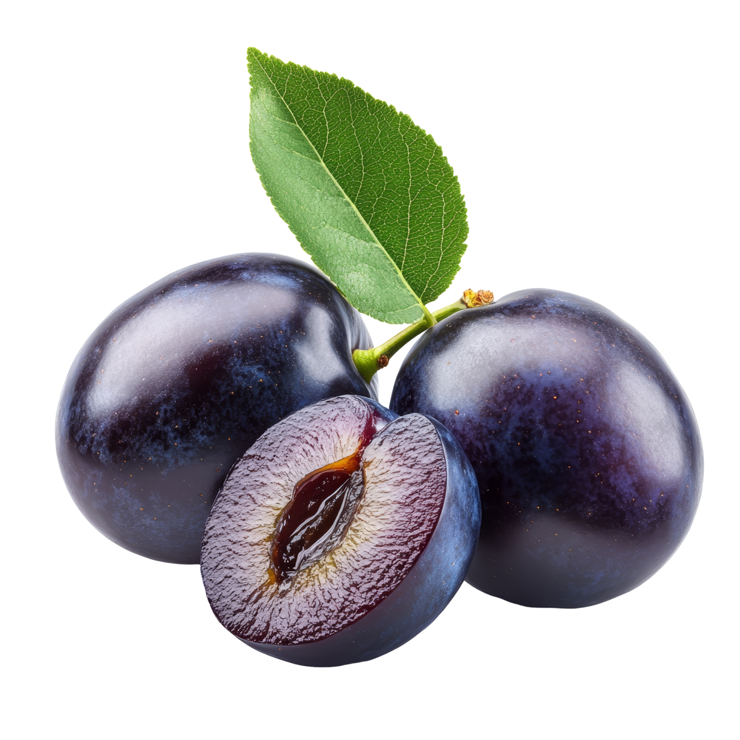 two plums with a green leaf on top