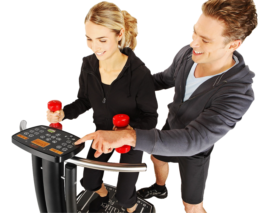 a man and woman standing on a treadmill