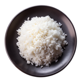 a black plate with rice on it