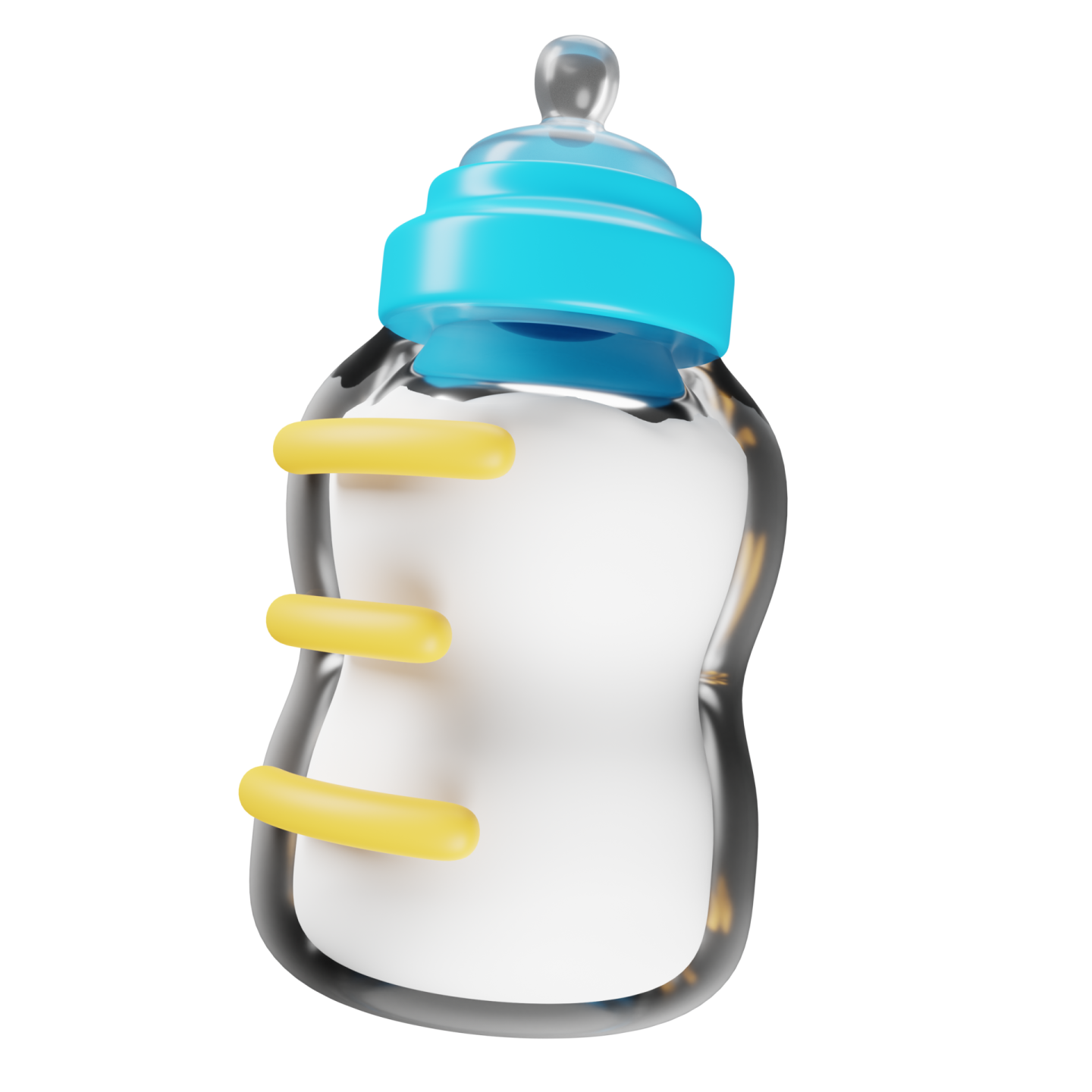 a baby bottle with yellow and blue handles