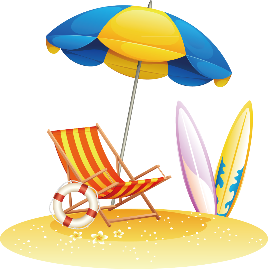 a beach chair with an umbrella and surfboards