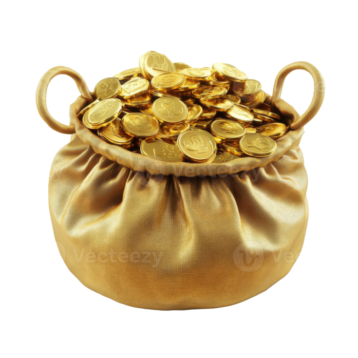 gold coins in a bag on a white background