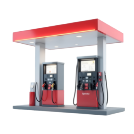 a gas station with red and white paint