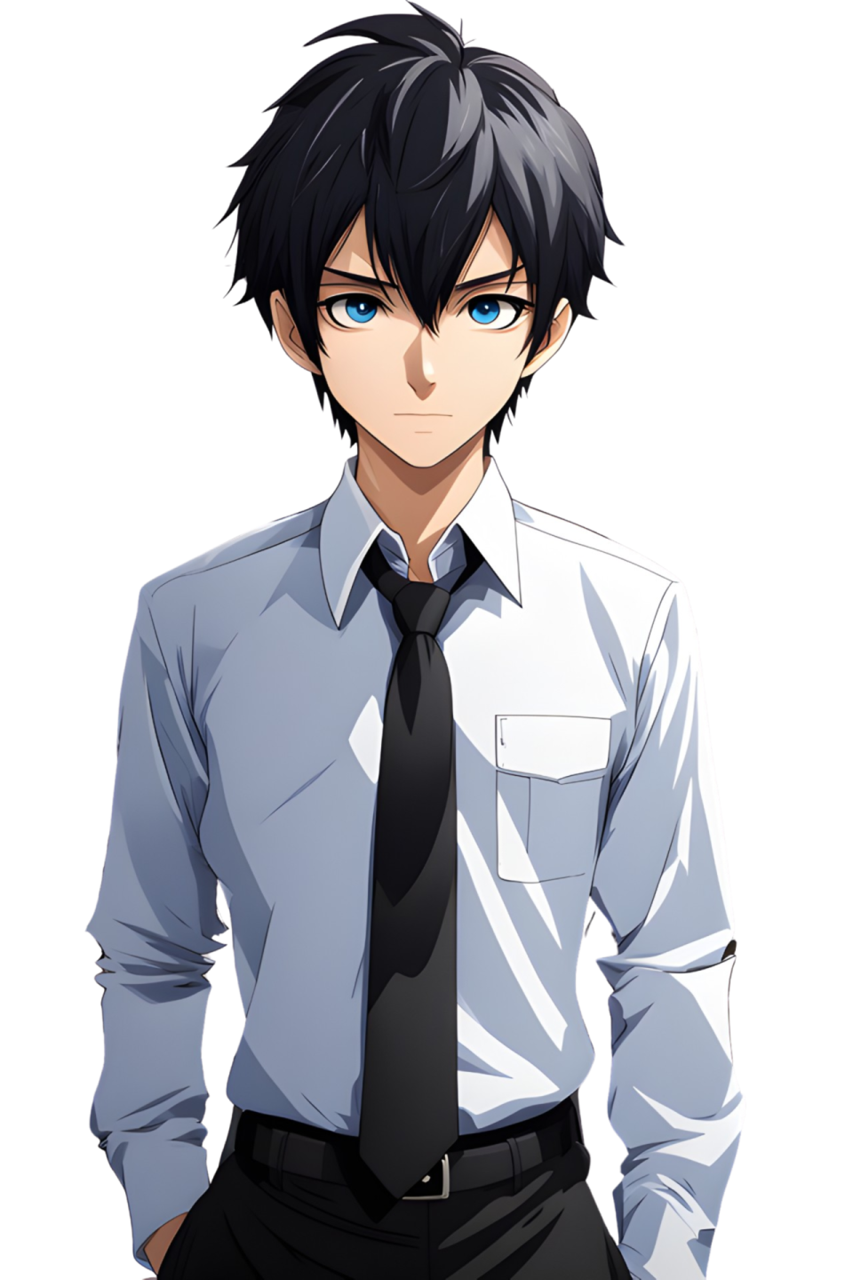 a man in a shirt and tie standing with his hands on his hips