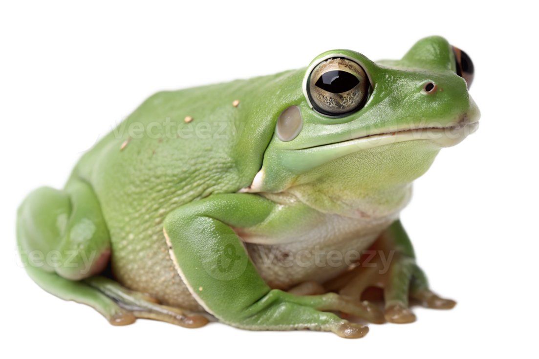 a green frog sitting on a white background