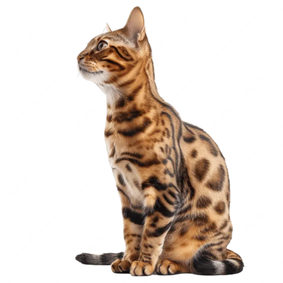 a bengal cat sitting on a white background
