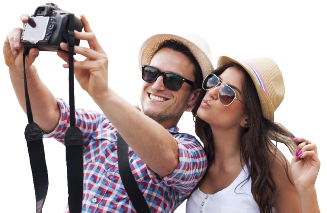a man and woman taking a picture with a camera