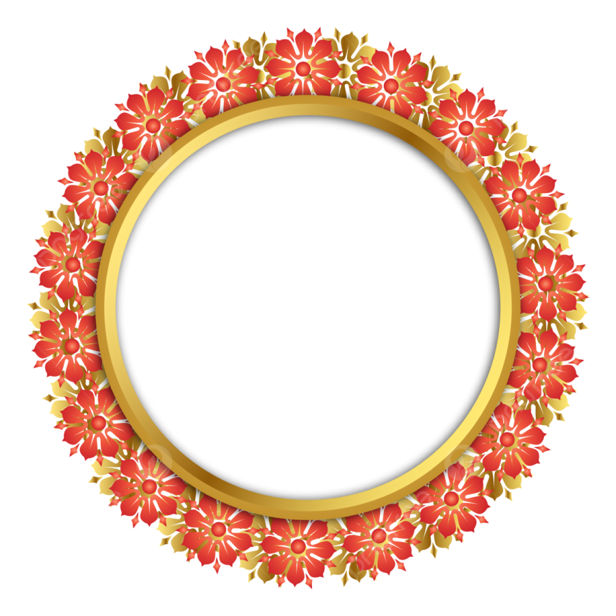 a gold frame with red flowers and leaves