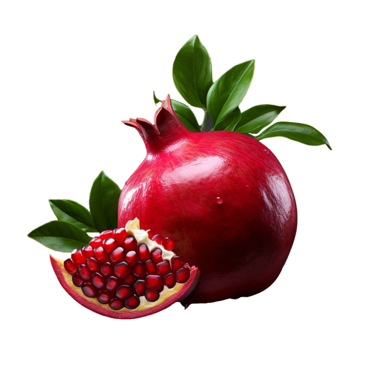 a red pome with green leaves on it