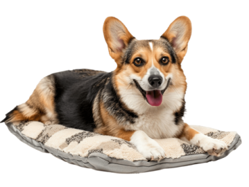 a dog laying on top of a blanket