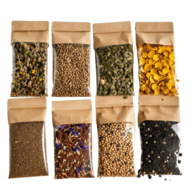 a set of five bags filled with different spices