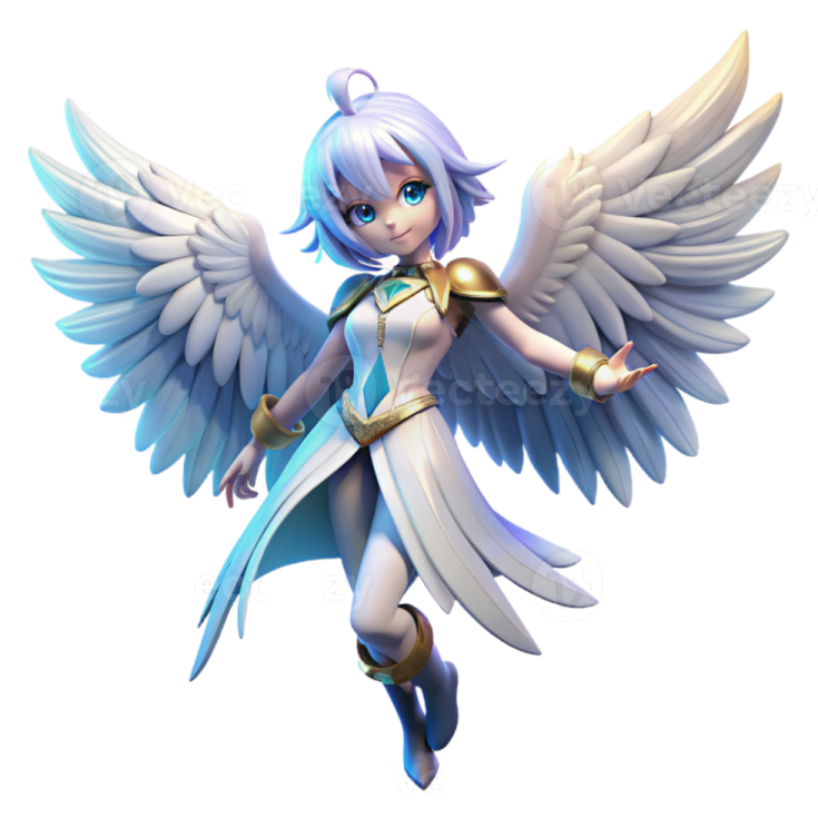 an angel with blue hair and white wings
