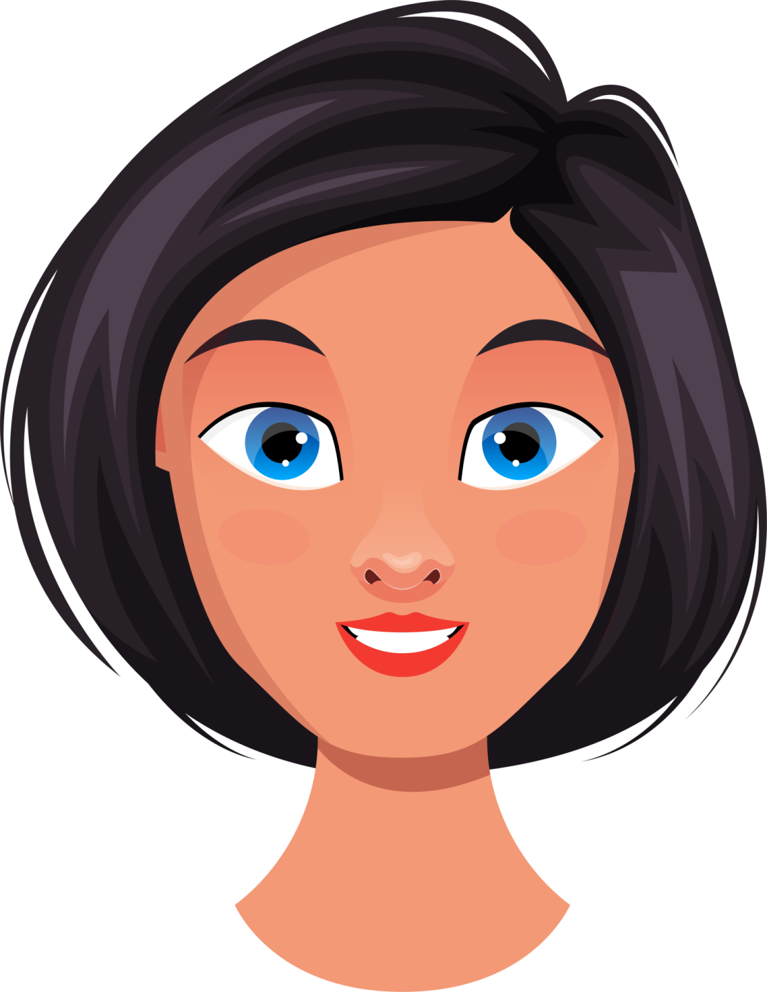 a woman with black hair and blue eyes