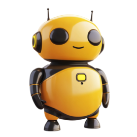 a yellow and black robot with headphones on