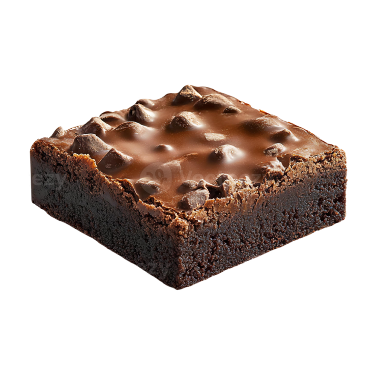 a square brownie with chocolate frosting on top