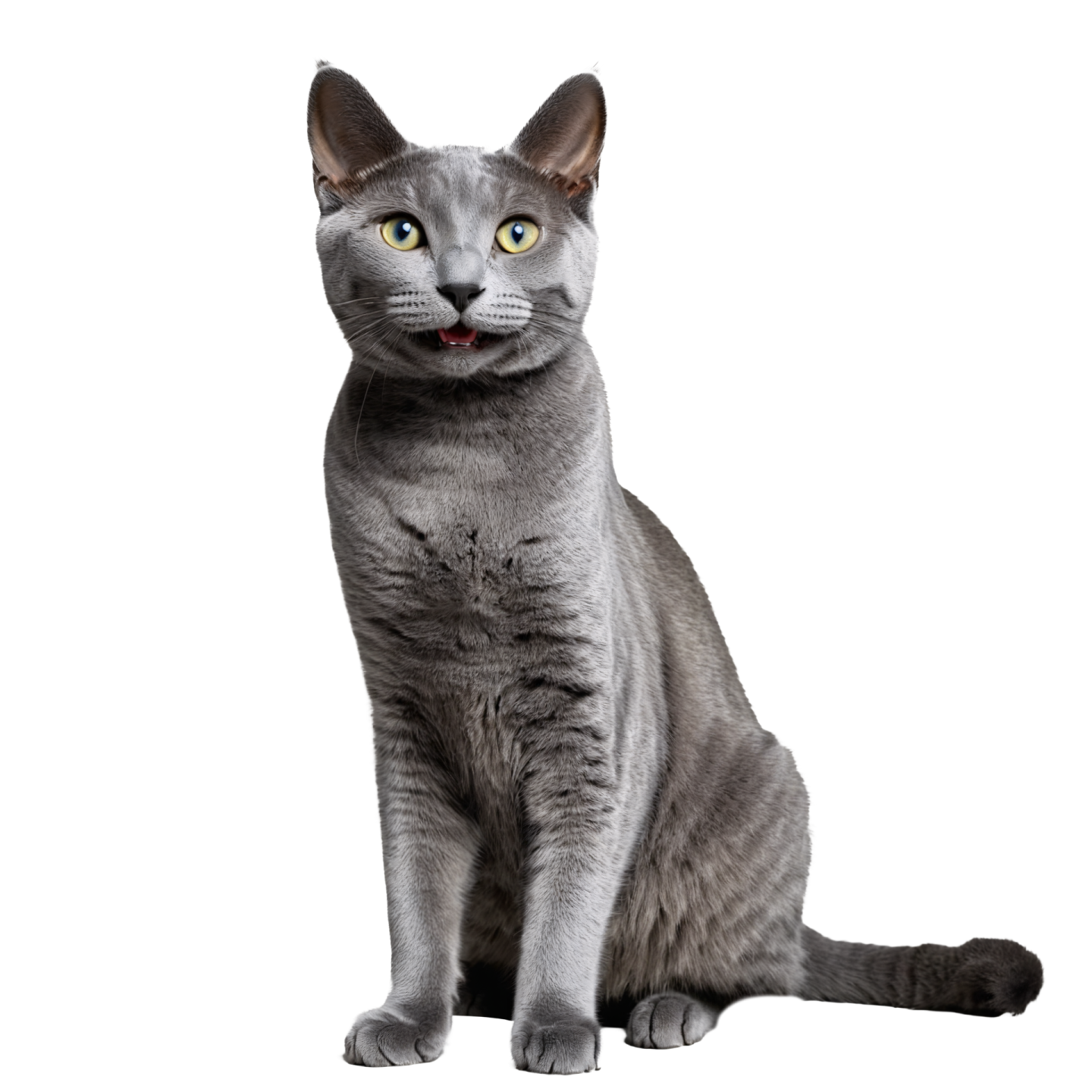 a gray cat with green eyes sitting down