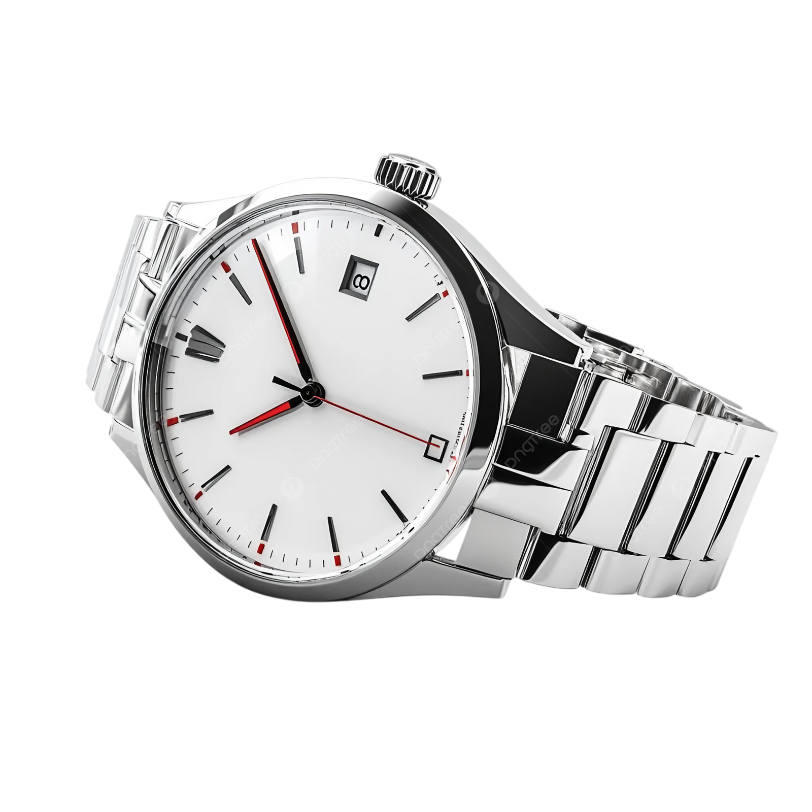 a silver watch with red hands on a white background