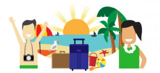 a group of people standing around a table with luggage