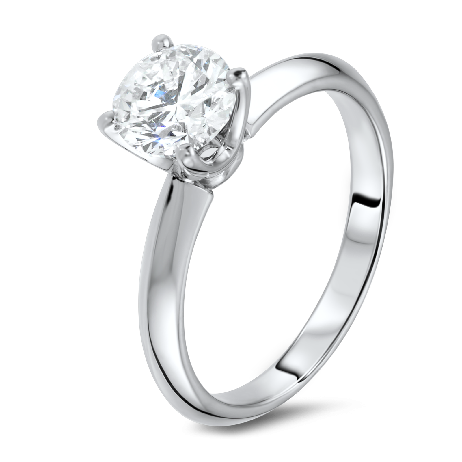 a white gold engagement ring with a single diamond