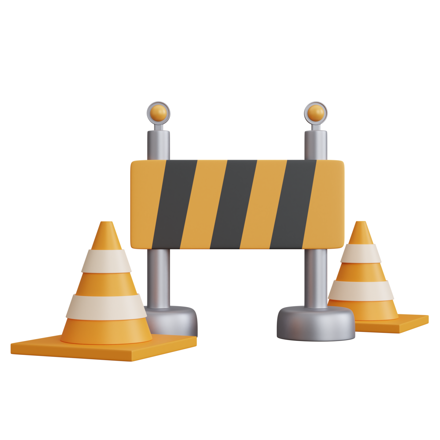a yellow and black barrier with two cones