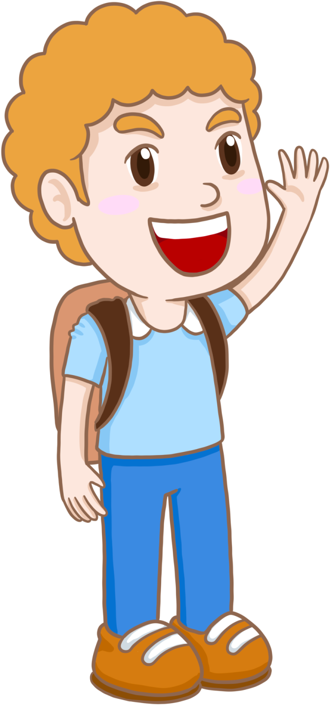 a boy with a backpack waving his hand