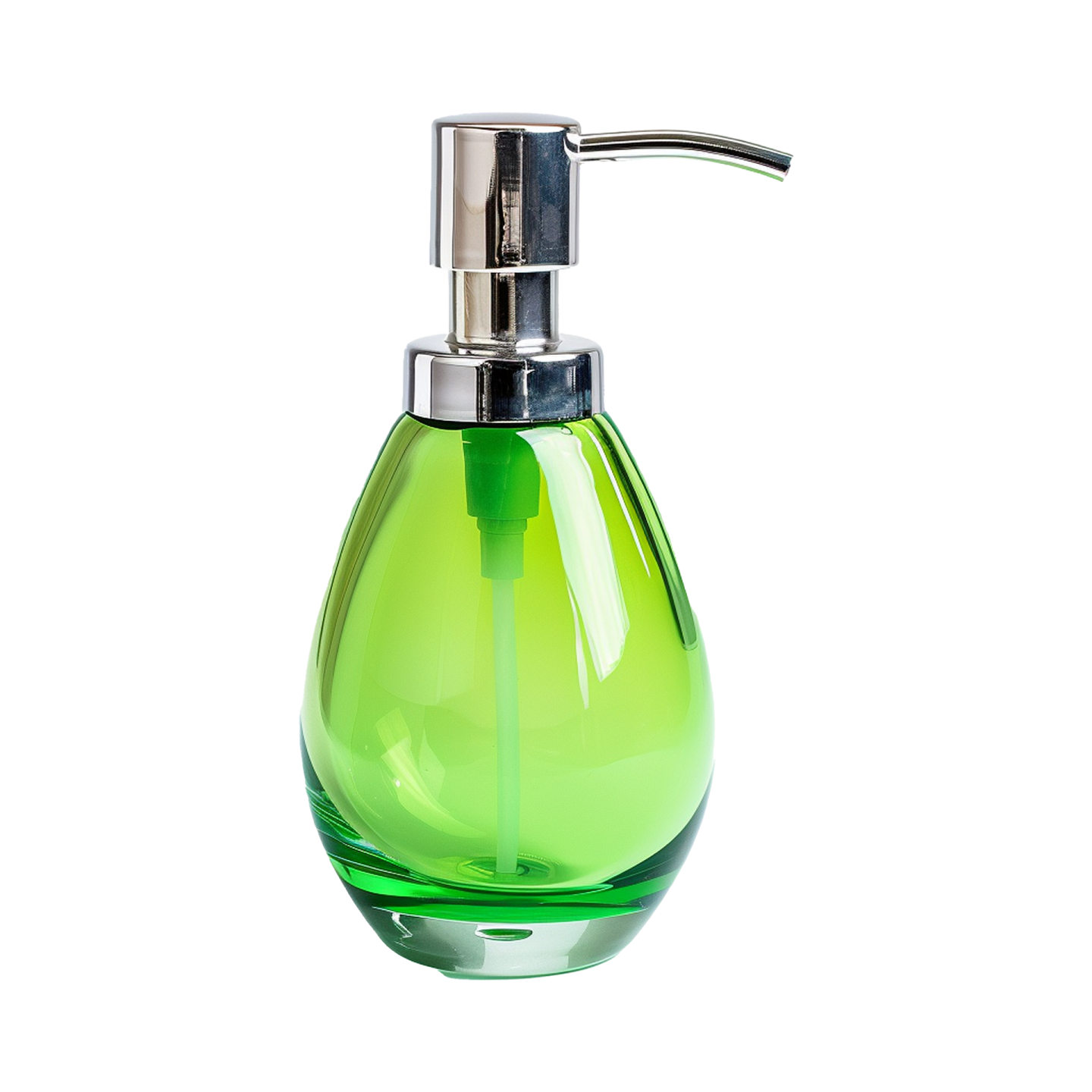 a green glass soap dispenser on a white background