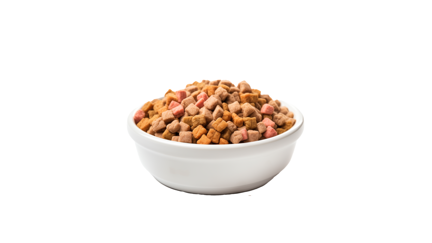 a bowl of dog food on a white background