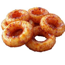 a bunch of shrimp rings on a white background