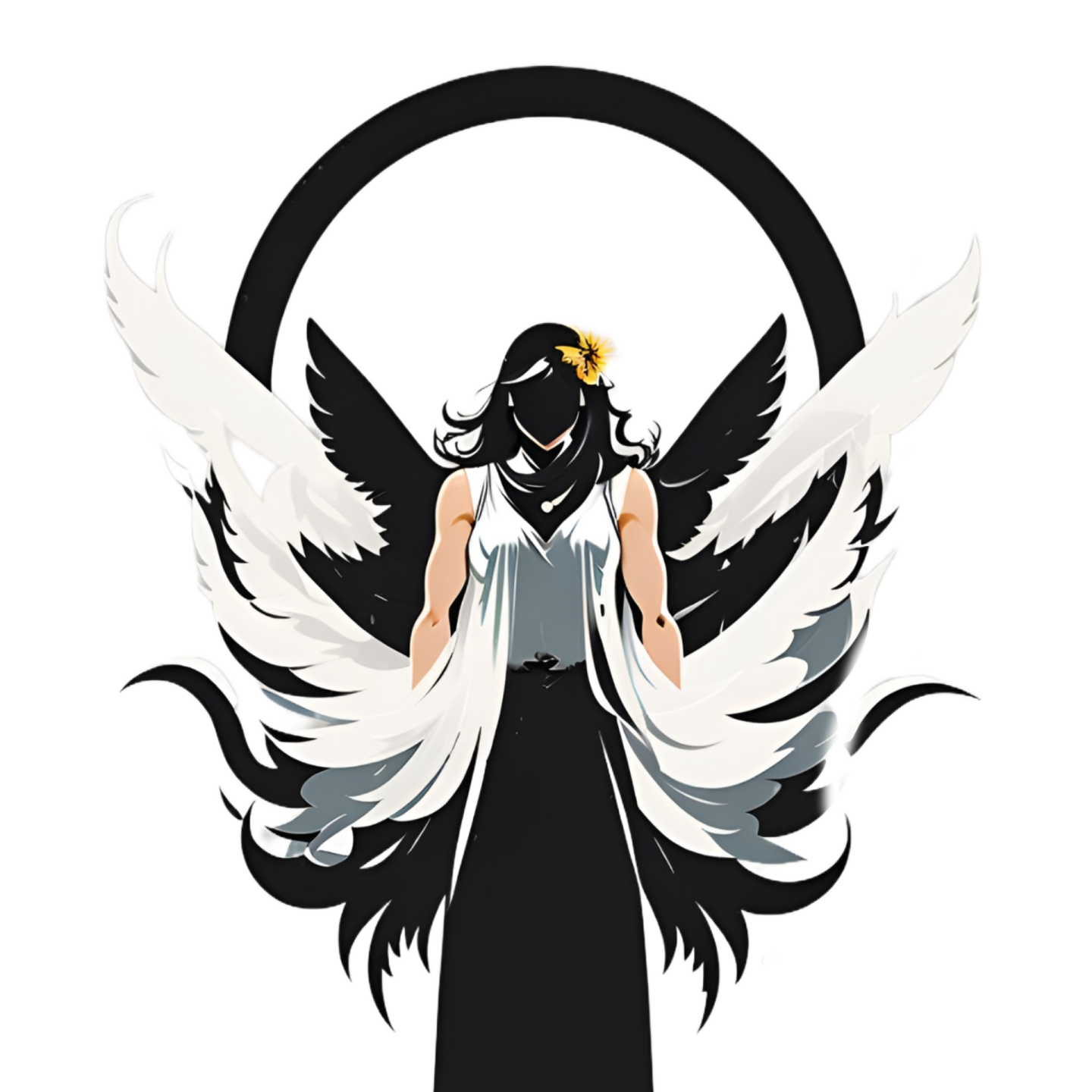 a black and white angel with wings