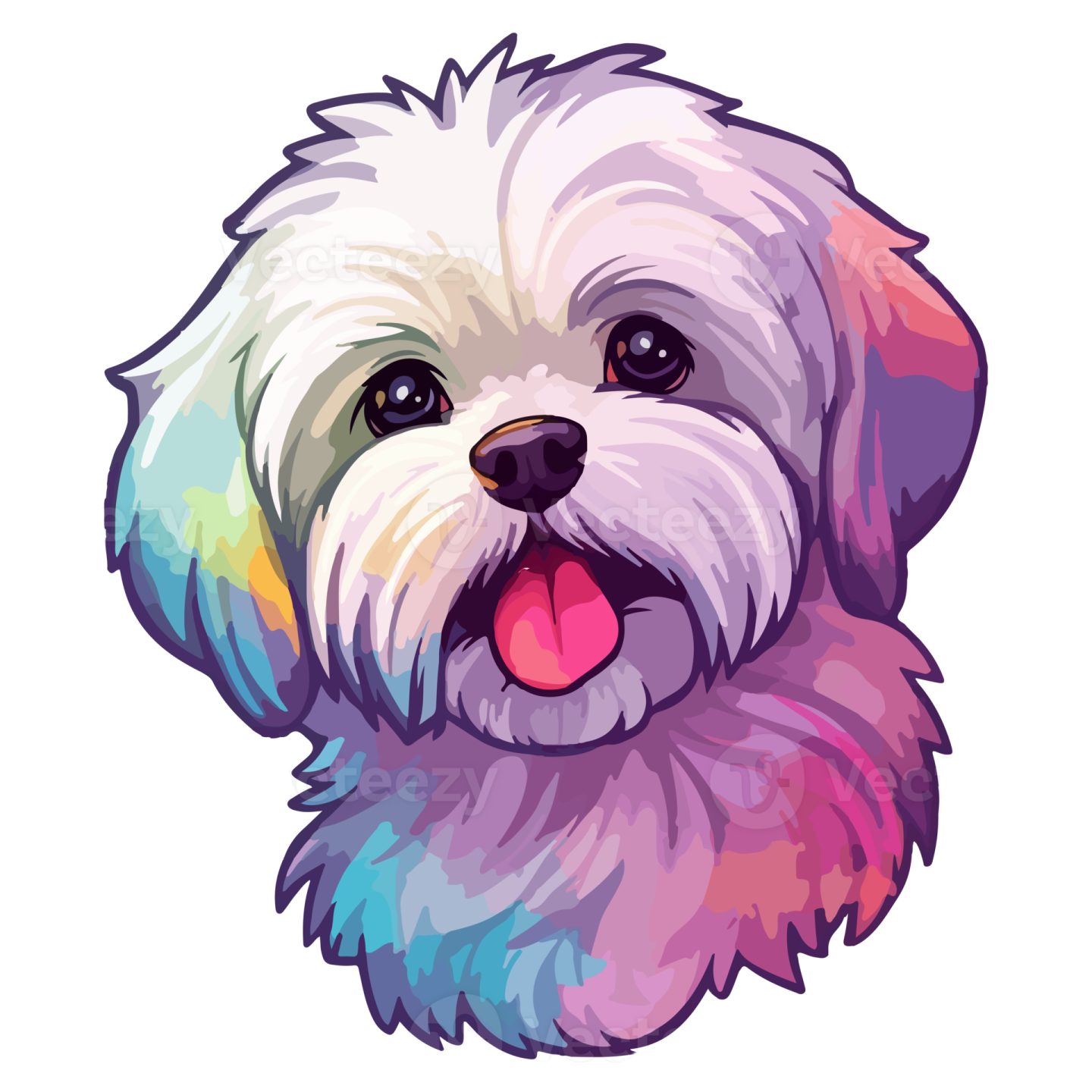 a white dog with a colorful face