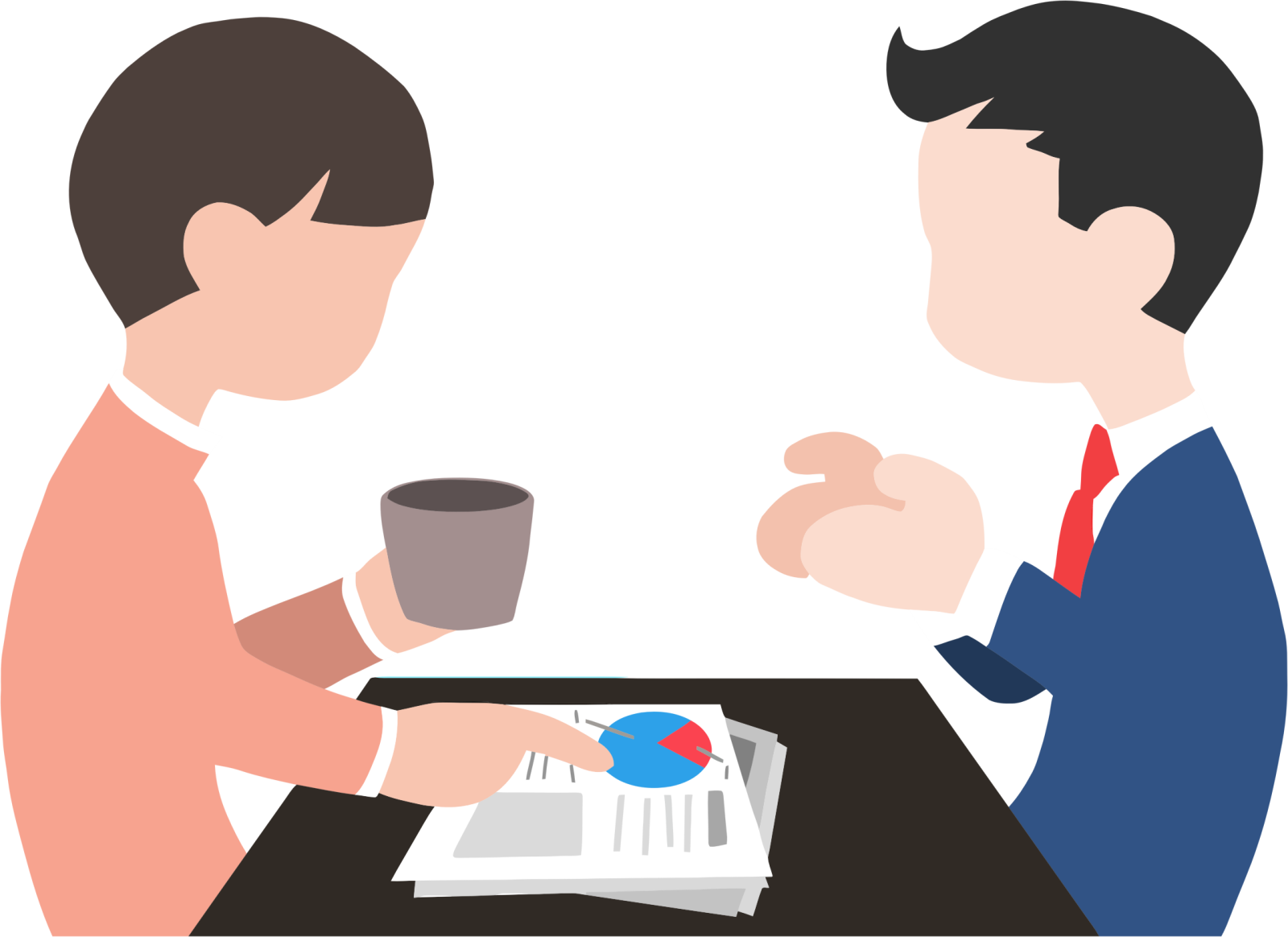 two men sitting at a table with coffee and papers