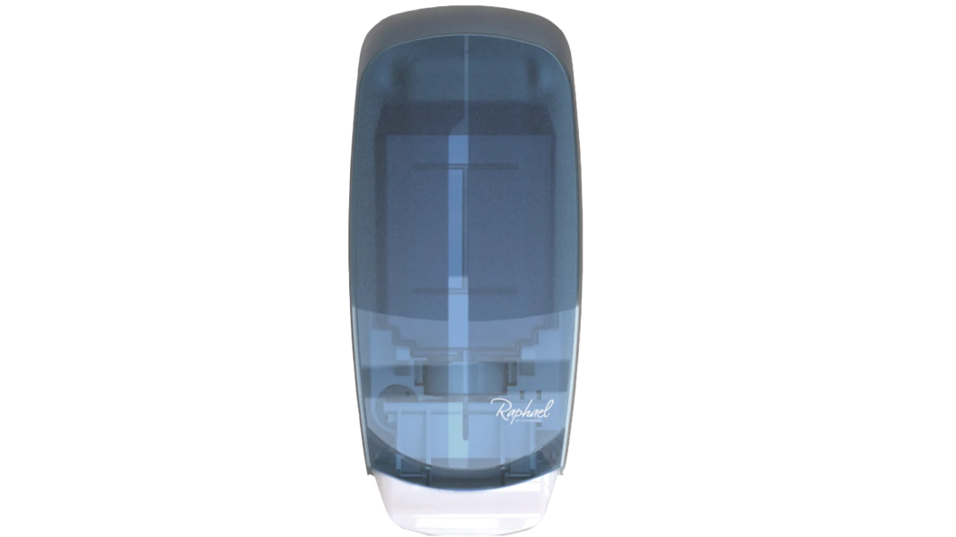 an image of a blue and white soap dispe