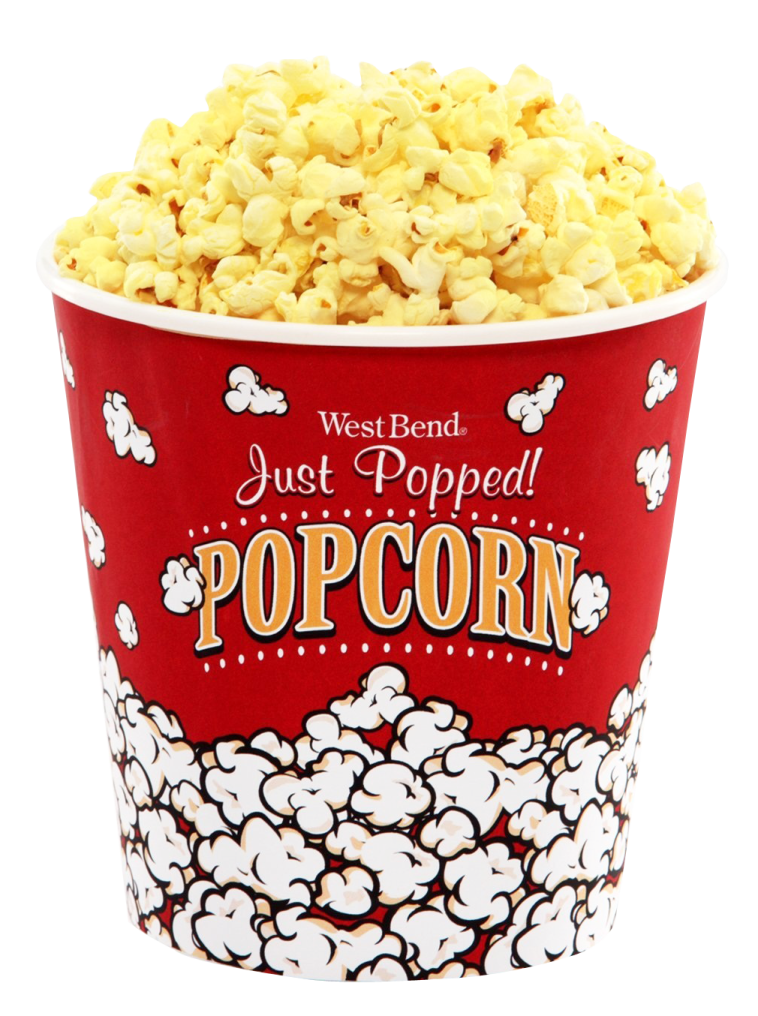 a red and white popcorn cup filled with popcorn