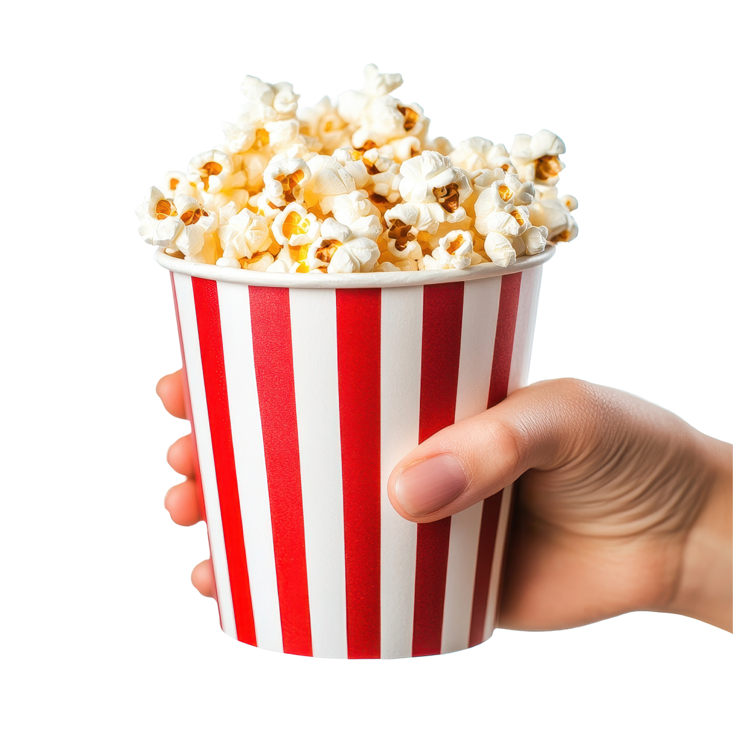 a hand holding a paper cup filled with popcorn