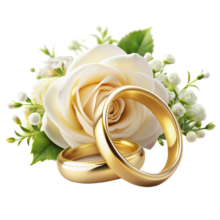 two gold wedding rings and a white rose