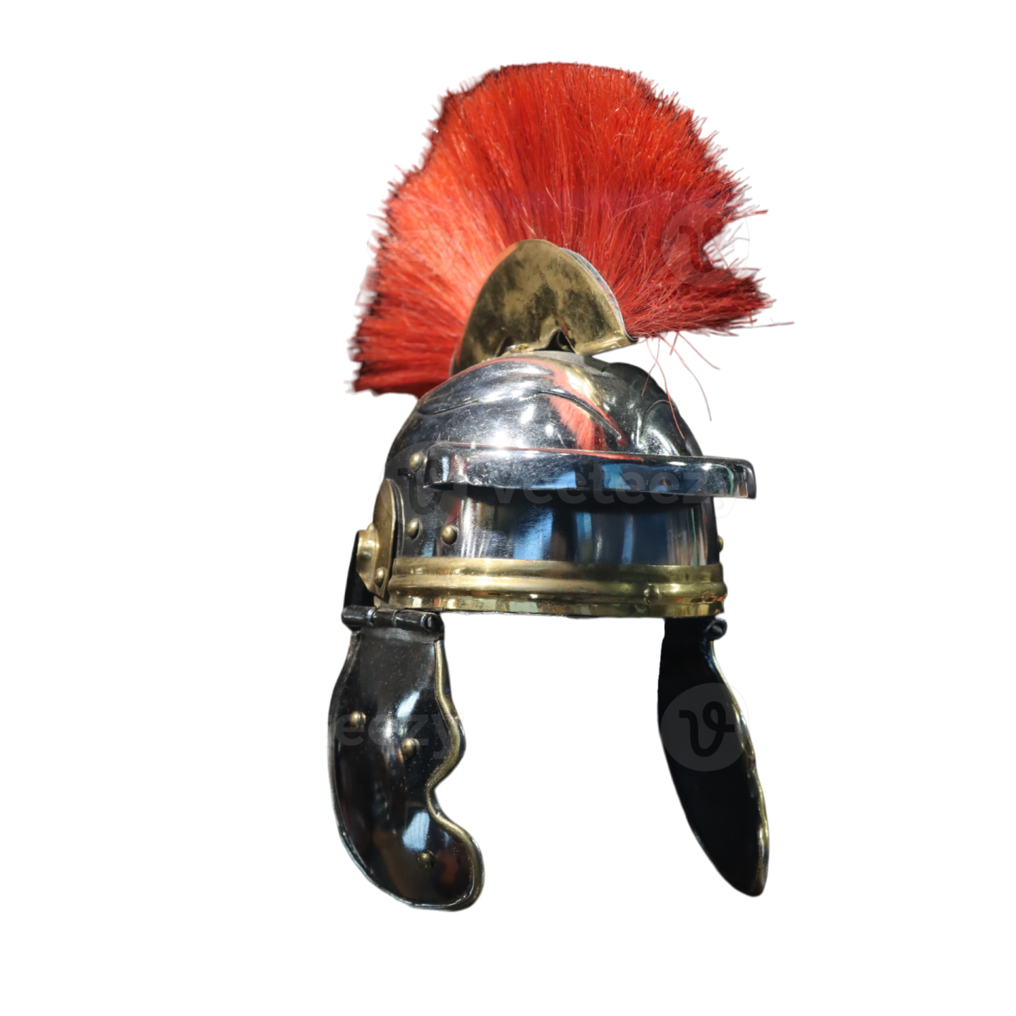 a helmet with red feathers on it