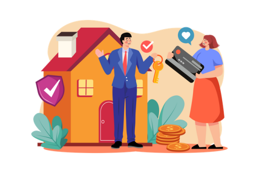 a man and woman standing in front of a house