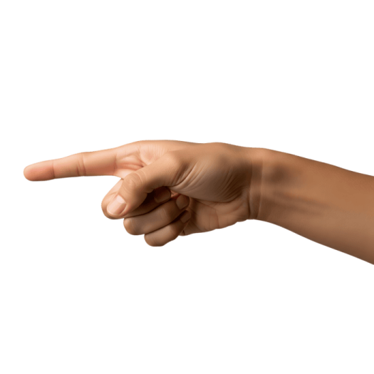 a hand pointing at something on a white background