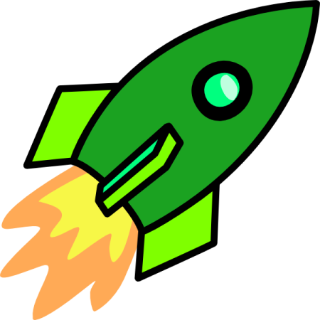 a green rocket with a yellow flame coming out of it
