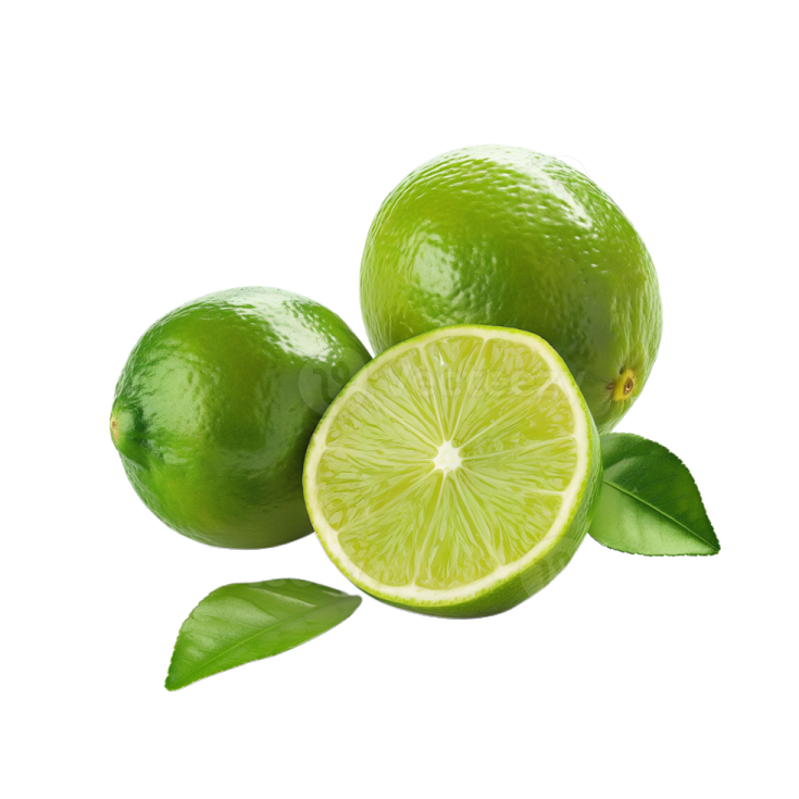 three limes with leaves on a white background