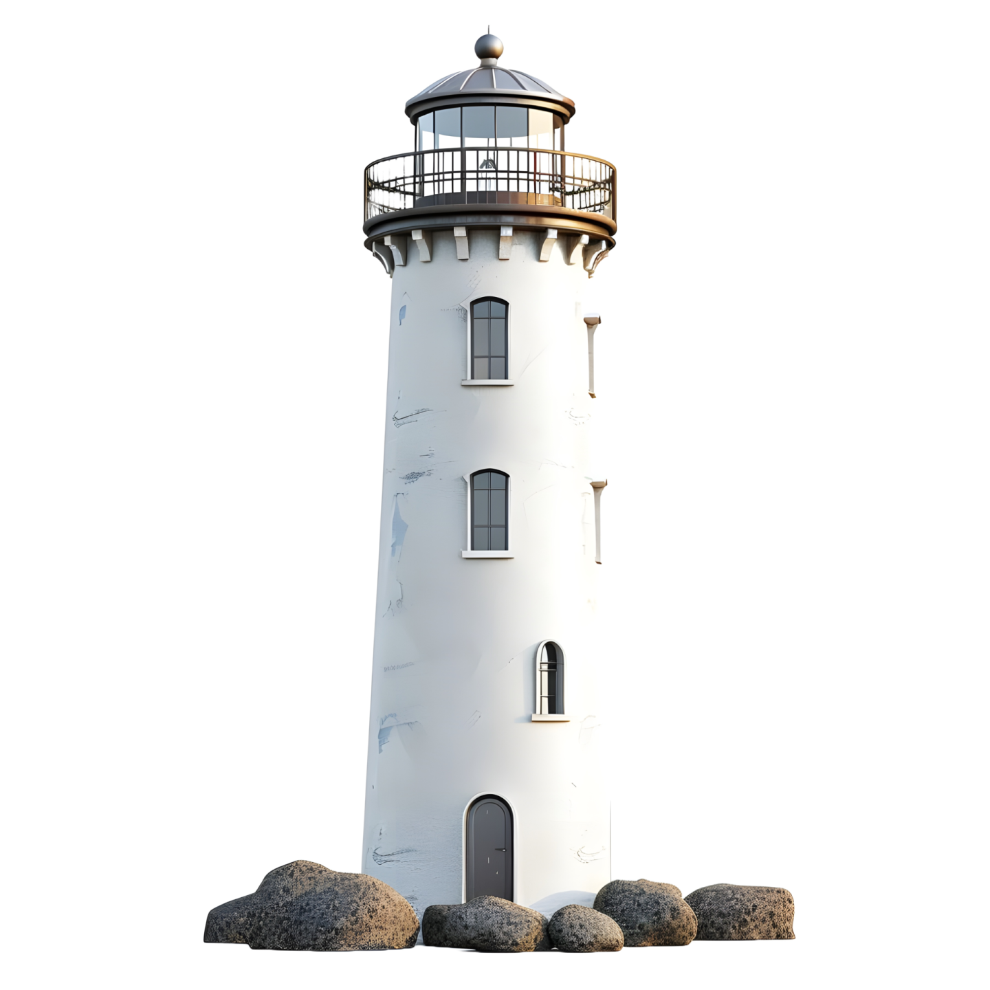 a white lighthouse with a black top