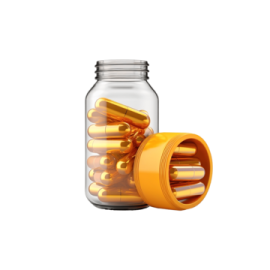 a glass jar filled with gold capsules