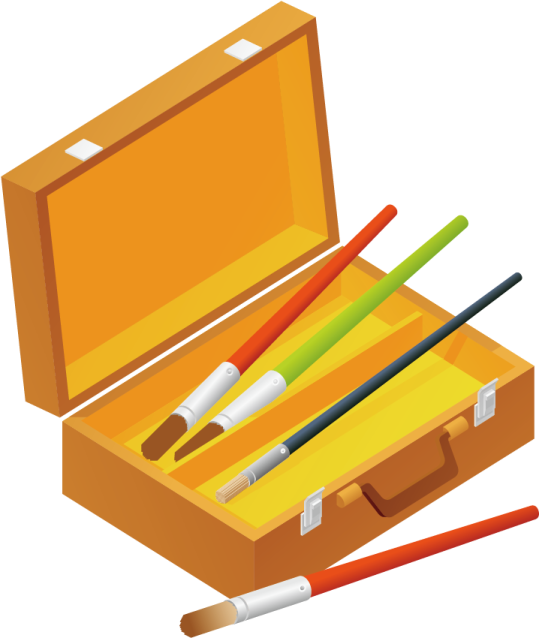 an open suitcase with two paint brushes in it